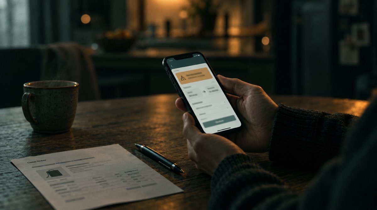 Two hands hold a smartphone showing a bank transfer screen with an amber warning at a kitchen table in the evening, a printed order confirmation and a pen beside it.