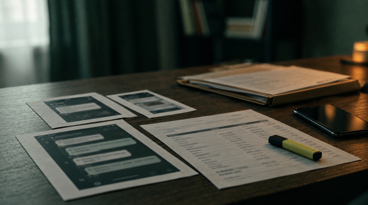 Printed chat logs, a bank statement, a highlighter and a folder laid out neatly on a table.