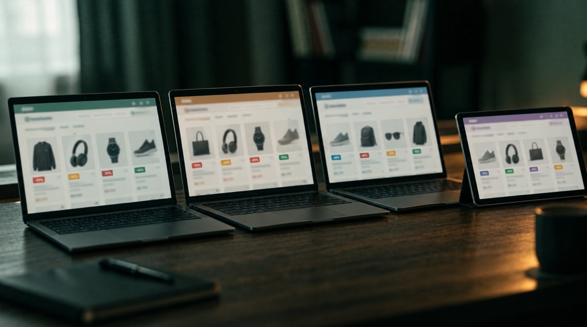 Drei Laptops und ein Tablet stehen nebeneinander und zeigen fast gleiche Shop-Seiten mit Produktkacheln und Rabatt-Plaketten.